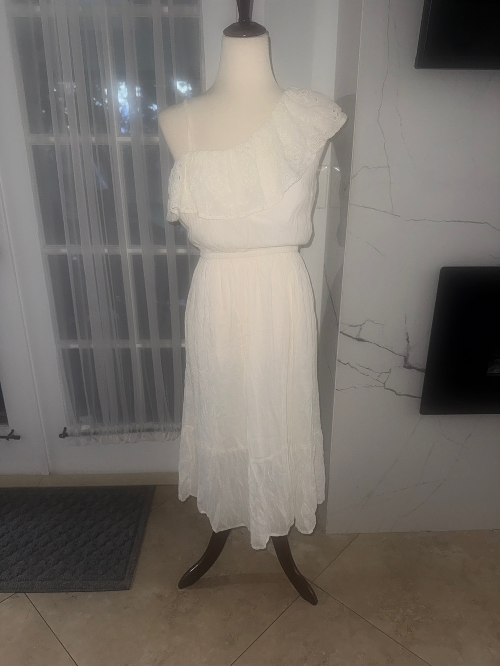 Old Navy White One-Shoulder Ruffle Midi Dress